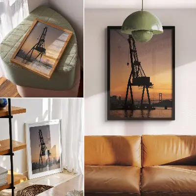 Poster para cozinha silhueta de guindaste industrial em ponte ao pôr do sol
