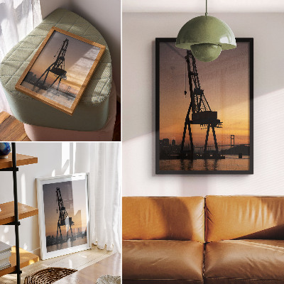 Poster para cozinha silhueta de guindaste industrial ponte ao pôr do sol