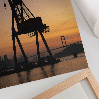 Poster para cozinha silhueta de guindaste industrial ponte ao pôr do sol