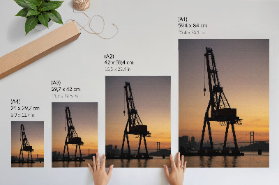 Poster para cozinha silhueta de guindaste industrial ponte ao pôr do sol