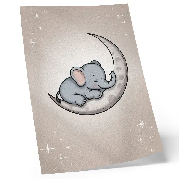Arte de parede elefante fofo na lua rodeado de estrelas