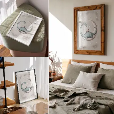 Poster para cozinha com estampa de dinossauro na lua e estrelas em tons pastel