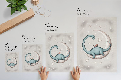 Poster para cozinha Dinossauro na lua, estrelas, espaço em tons pastel