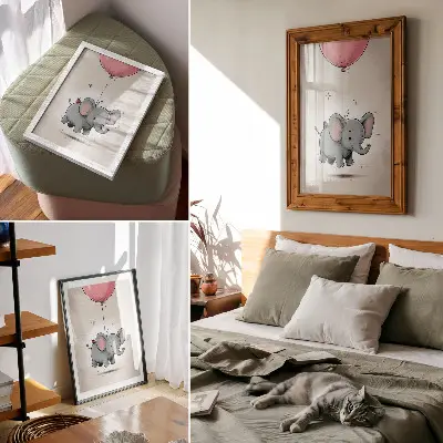 Poster decorativo elefante com balão rosa estilo infantil
