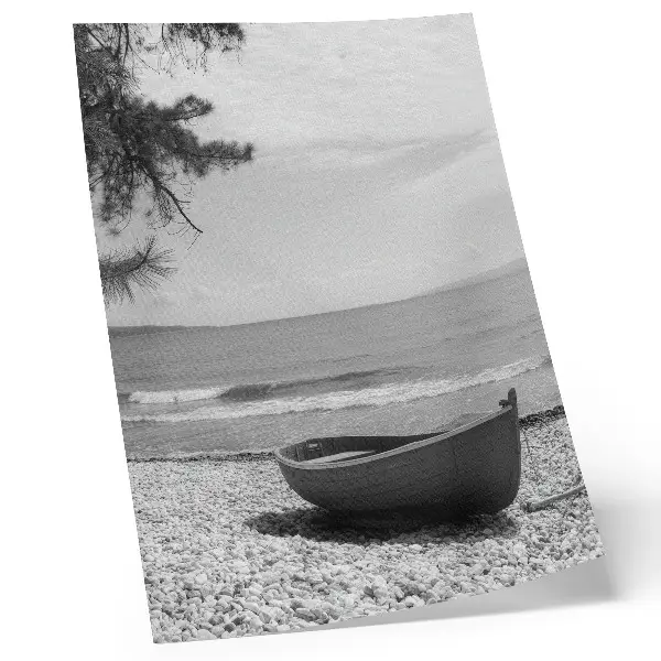 Poster para cozinha com estampa de barco na praia, ondas, céu, harmonia e paz