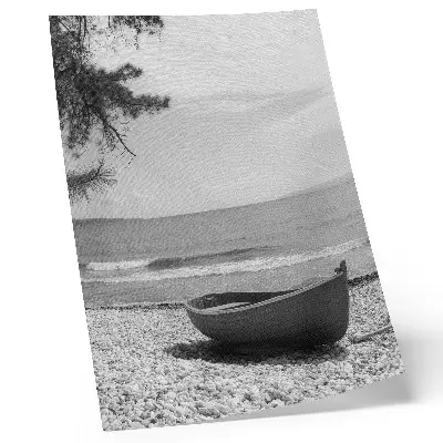 Poster para cozinha com estampa de barco na praia, ondas, céu, harmonia e paz