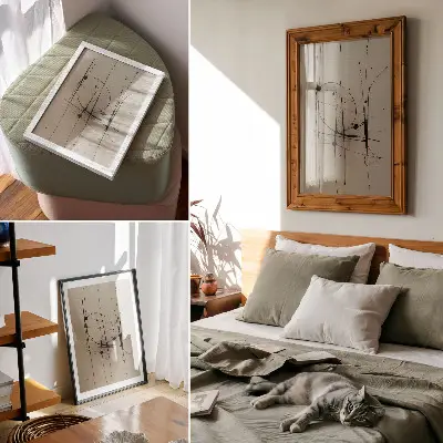 Poster decorativo com fundo bege e linhas pretas em estilo abstração minimalista