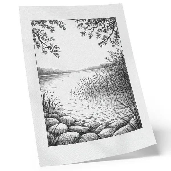 Poster decorativo com estampa de paisagem de lago com folhas e pedras