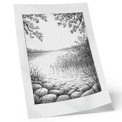 Poster decorativo com estampa de paisagem de lago com folhas e pedras