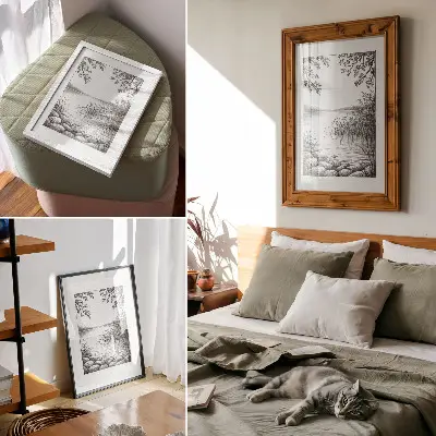 Poster decorativo com estampa de paisagem de lago com folhas e pedras
