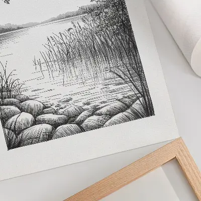 Poster decorativo com estampa de paisagem de lago com folhas e pedras