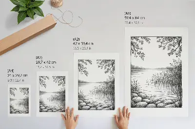 Poster decorativo com estampa de paisagem de lago com folhas e pedras