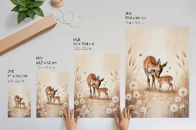 Arte de parede corça com filhote e flores de cores vivas