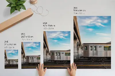 Poster para cozinha trem moderno atravessando ponte sob céu azul com gato