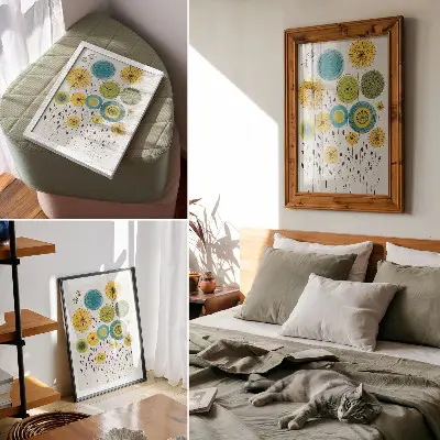 Pôster decorativo com círculos coloridos e linhas finas em estilo moderno