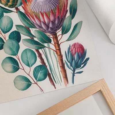 Impressão em tela flores exóticas de protea com folhas verdes
