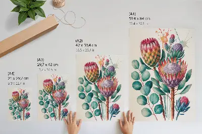 Impressão em tela flores exóticas de protea com folhas verdes