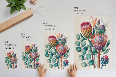 Impressão em tela Flores exóticas de protea, folhas verdes