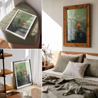 Arte de parede frutos vermelhos alaranjados sobre fundo verde