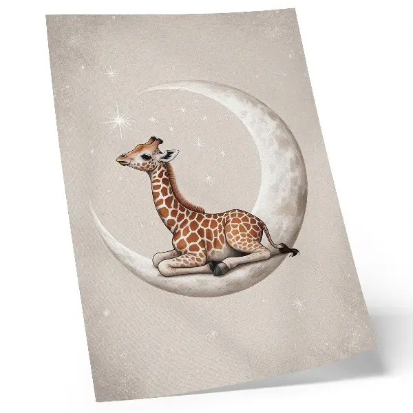 Poster para cozinha girafa de desenho animado na lua rodeada de estrelas