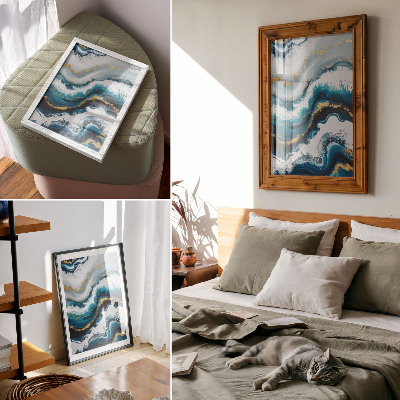 Poster decorativo Ondas turquesa com detalhes dourados e um toque de modernidade.
