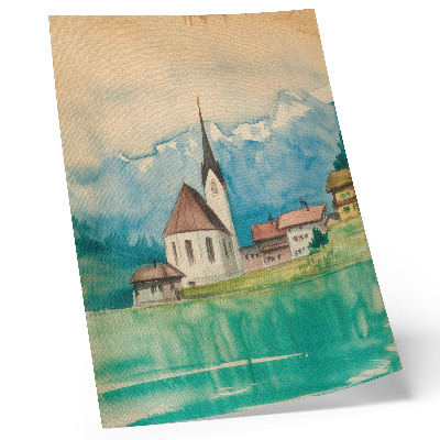 Poster decorativo Igreja nas montanhas, aquarela, paz, natureza