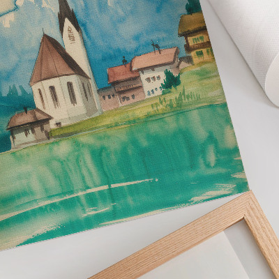 Poster decorativo Igreja nas montanhas, aquarela, paz, natureza