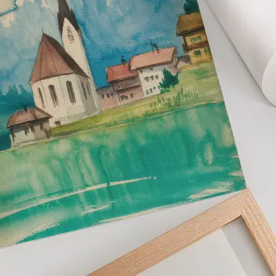 Poster decorativo igreja nas montanhas em aquarela com tema de paz e natureza