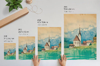 Poster decorativo Igreja nas montanhas, aquarela, paz, natureza