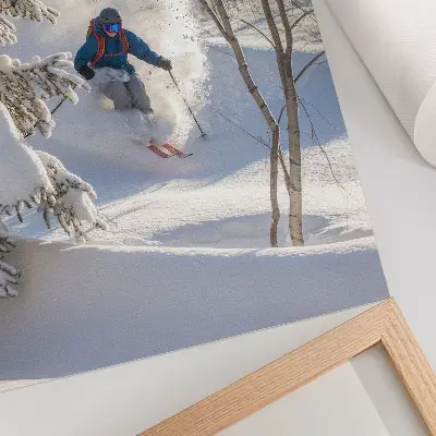 Arte de parede esquiador na floresta de inverno sob a neve