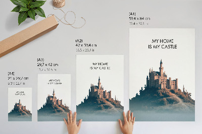 Impressão em tela Castelo numa colina com neblina e texto