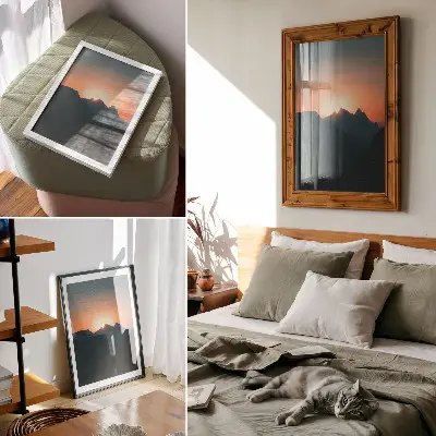 Poster para cozinha com estampa de pôr do sol nas montanhas com tema de paz