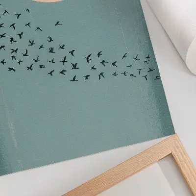 Arte de parede pássaros em voo com fundo azul em círculo grande
