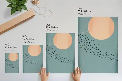 Arte de parede pássaros em voo com fundo azul em círculo grande