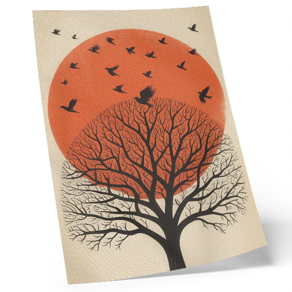 Arte de parede motivo de pássaros, árvore e sol em estilo minimalista