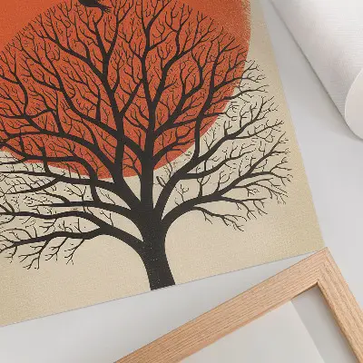 Arte de parede com motivo de pássaros, árvore e sol em estilo minimalista