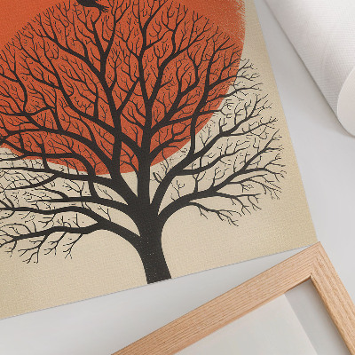 Arte de parede motivo de pássaros, árvore e sol em estilo minimalista