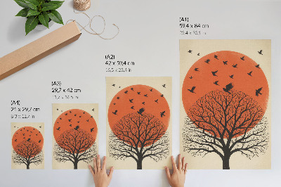 Arte de parede motivo de pássaros, árvore e sol em estilo minimalista