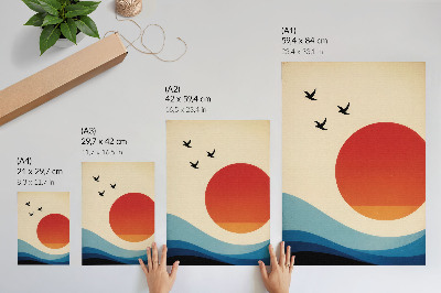 Impressão em tela Abstração, grande sol, ondas azuis, pássaros