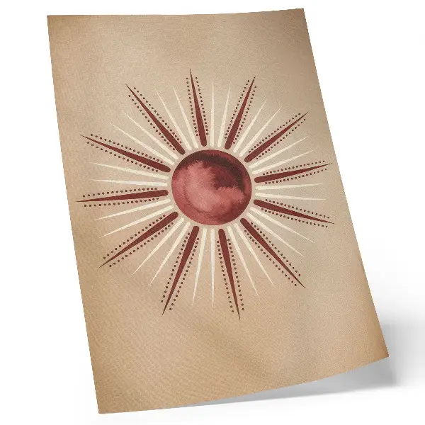Arte de parede estilo boho com sol radiante em tons quentes