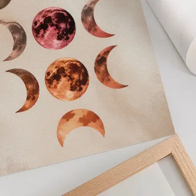 Poster para cozinha com estampa de simetria das luas em cores quentes e atmosfera cósmica