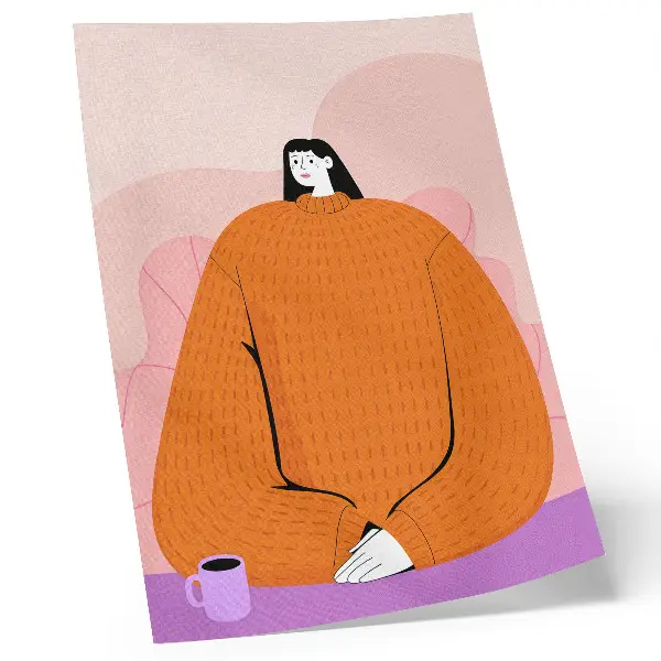 Arte de parede ilustração de um personagem com suéter laranja em fundo rosa