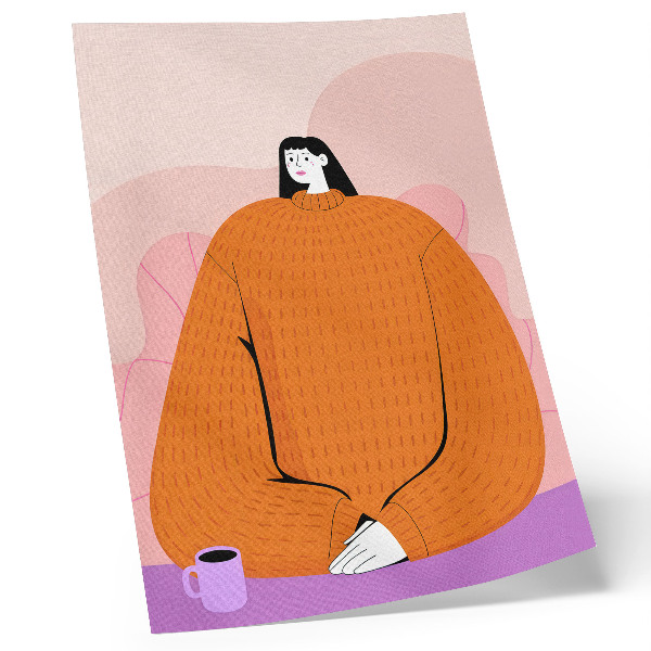 Arte de parede Ilustração de um personagem com um suéter laranja sobre um fundo rosa.