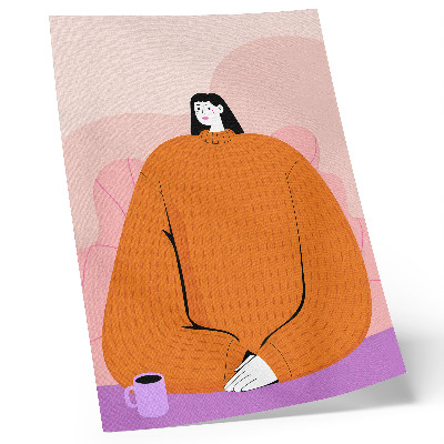 Arte de parede Ilustração de um personagem com um suéter laranja sobre um fundo rosa.