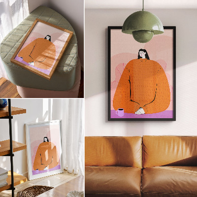 Arte de parede Ilustração de um personagem com um suéter laranja sobre um fundo rosa.