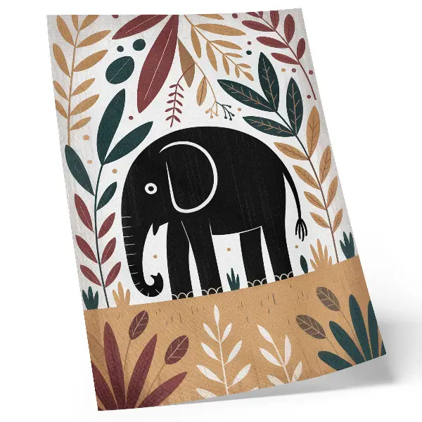 Poster decorativo elefante entre folhas com design elegante e minimalista