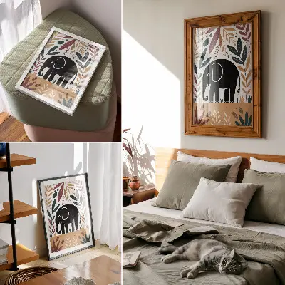 Poster decorativo elefante entre folhas com design elegante e minimalista