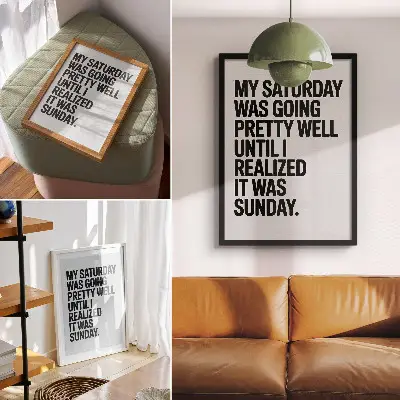 Poster decorativo com tipografia de alto contraste e mensagem humorística