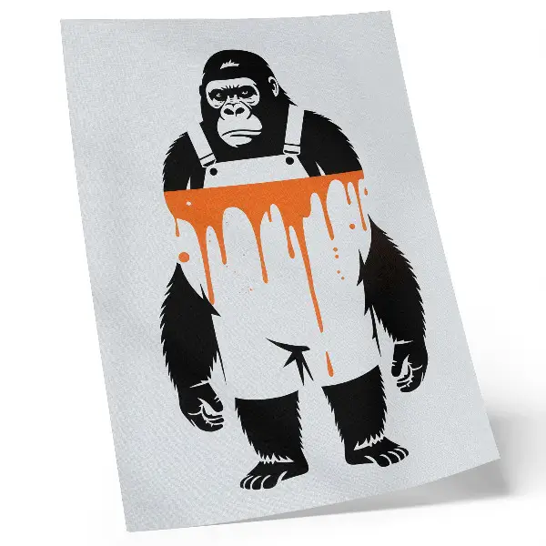 Poster decorativo de um gorila de macacão com fundo laranja vibrante