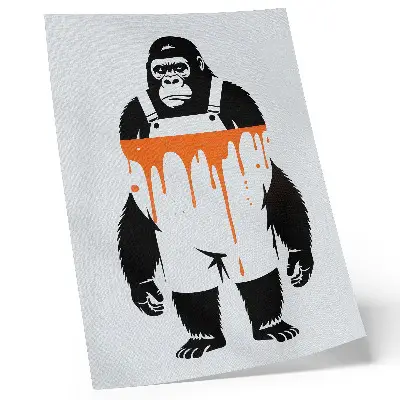 Poster decorativo de um gorila de macacão com fundo laranja vibrante